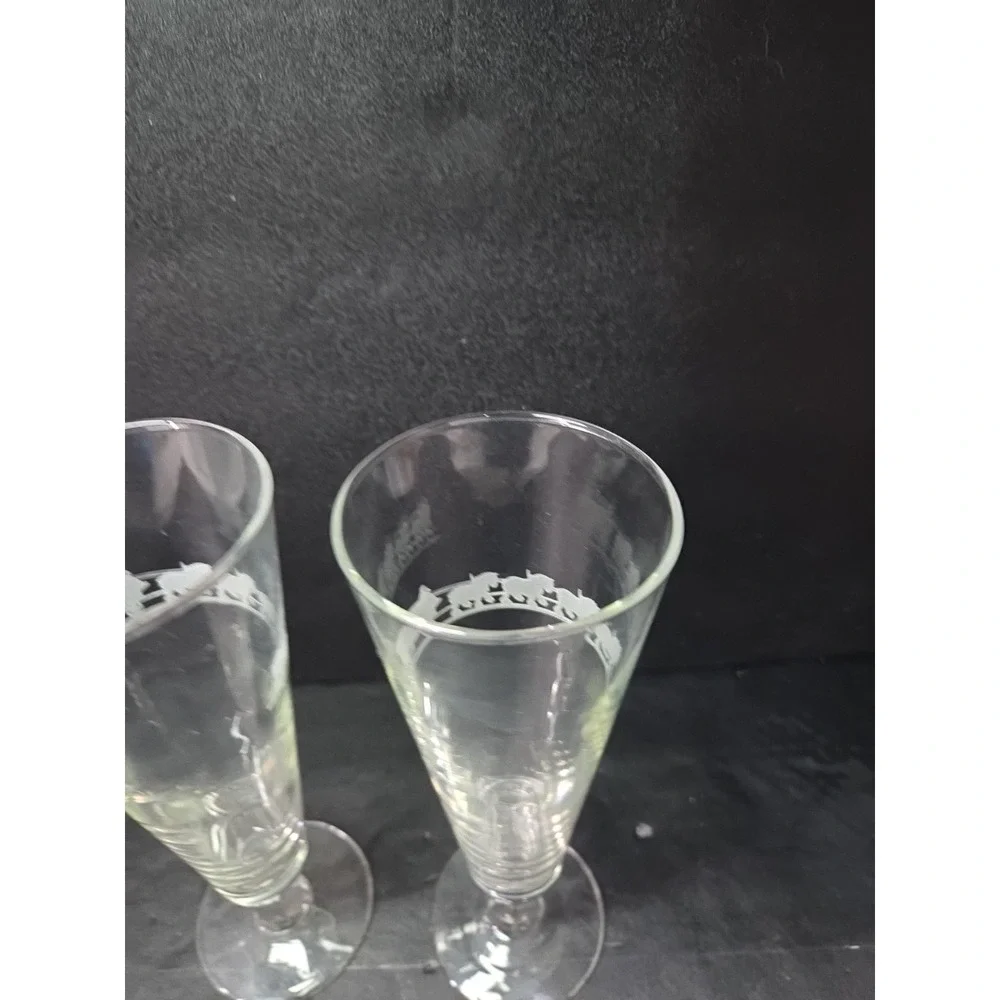 Anheuser Busch Glass Pilsners, Set of 2, Clydesdales Wagon Etched, Beer‎ Glasses